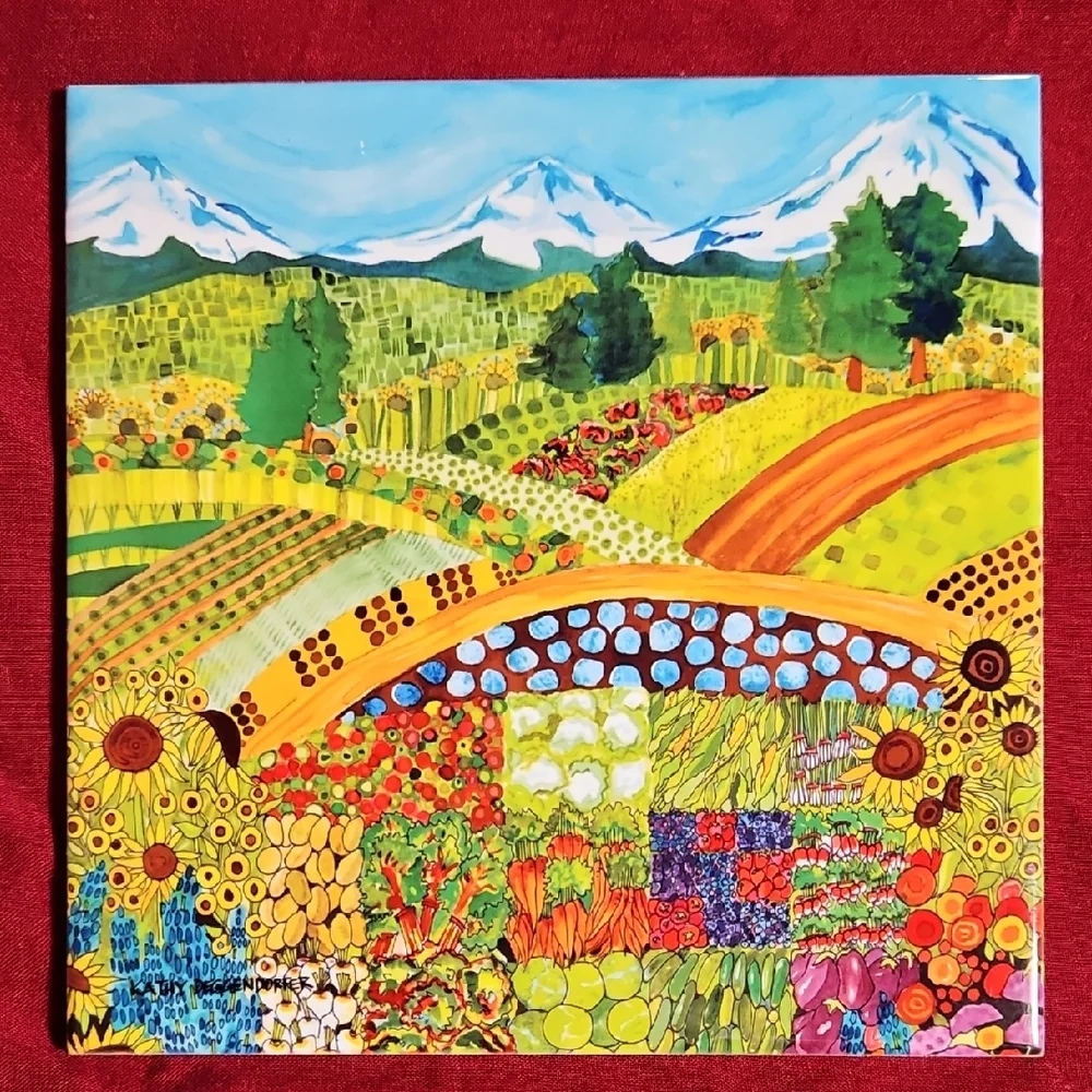 Kathy Deggendorf Studio Ceramic Landscape Art Trivet Coaster - Sisters Oregon